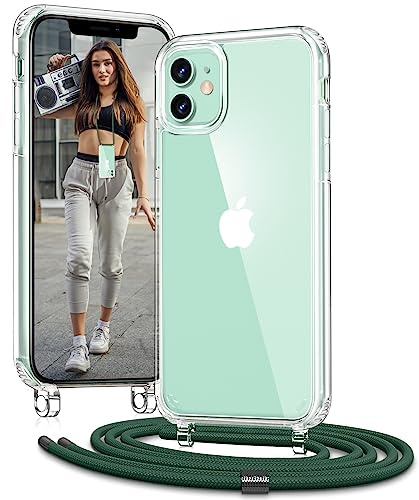 Vaykwo Handykette für Apple iPhone 11 Hülle mit Band - Necklace Handyhülle - Transparente Case zum Umhängen mit Kameraschutz und Bildschirmschutz - DunkelGrün | Necklace Handyhülle, Transparente Case zum Umhängen, Verstellbar und Abnehmbar