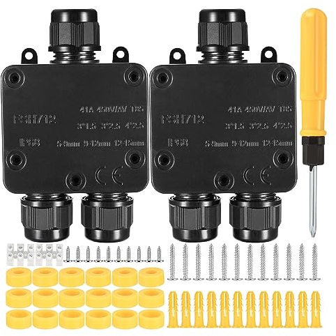 Newoutset Scatola di Derivazione Esterna 3 Vie, 2 Pz Scatola di Giunzione Esterno IP68 Impermeabile, Connettore Cavi Elettrici per Cavo Ø 4mm-15mm(Nero)