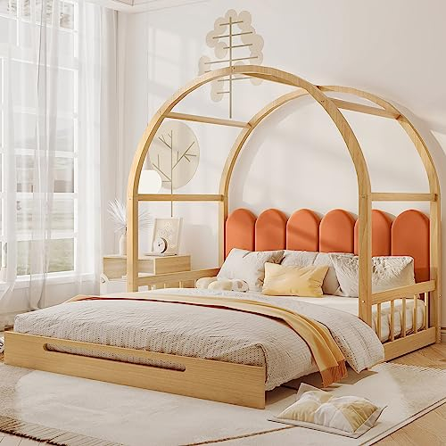 Moimhear Erweiterbares Gewölbtes Dachbett, Schiebebett, Kinderbett, Tagesbett, Doppelbett, Samtkissen, Rahmen aus Kiefernholz, Natur und Orange (140x100cm&140x200cm)