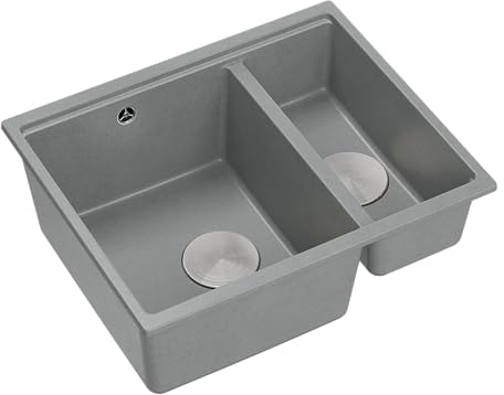 QUADRON Doppelbecken-Spüle Spülbecken Küchenspüle | Größe 55,5 x 46 x 22 cm, Grau & Stahl | LOGAN 150 Granit Granitspüle | Doppelbecken Spüle Küche | Schrankunterbau ab 60 cm | Einbauspüle