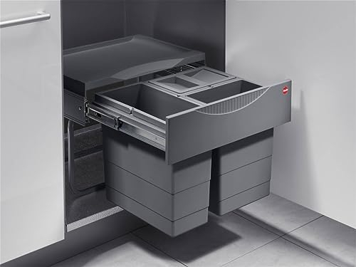 Hailo Abfallsammler 3644911 | 3fach Raumspar Tandem Abfalltrennsystem | 2x 8 + 12L Inneneimer im Teleskop-Vollauszug | ab 50 cm breiten Unterschrank mit Drehtür montierbar | Farbe Dunkelgrau