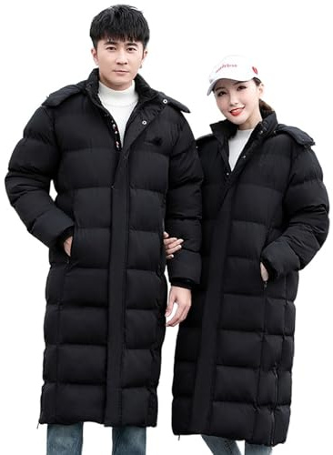 ANUFER Unisex Uomo Donna Lungo Giacca Puffer Termico Cotone Imbottito Cappotto Invernale con Cappuccio Staccabile SD5A1030 Nero XL