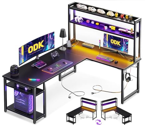 ODK Bureau Gaming avec LED, Bureau en L avec Étagère Réversible, Prises et Ports USB, Compartiments et Rangement, 150×120 cm, Noir