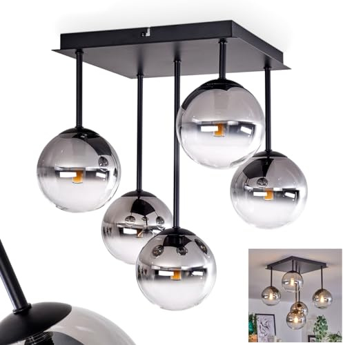 HOFSTEIN Deckenleuchte Chehalis, 5-flammige Deckenlampe aus Metall/Glas in Schwarz/Rauchfarben/Klar, Leuchte im Retro/Vintage-Design, Ø Schirme 12 cm, G9, Esszimmer, Schlafzimmer, Wohnzimmer, Küche