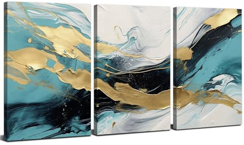 Teal Framed Wall Art Prints Abstract Wall Art Green and Gold Pictures for Living Room Bathroom Decor Marble Fantasy Sea Wave Painting Canvas Modern Nordic Minimalist Artwork Home Decorations 12x16 3P