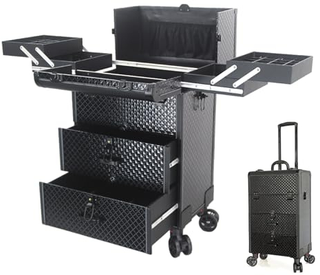 HJXGQJM Professionelle Makeup Organizer Tasche Schminktasche Train Case, Kosmetik Trolley Rollkoffer Schminkkoffer Mit 360° Drehbaren, Kosmetikkoffer Mit Schubladen，Aluminium-Kosmetikkoffer