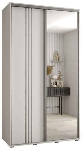 MEBLE KRYSPOL Cannes 7 Moderner Kleiderschrank mit 2 Schiebetüren mit Kleiderstange, Regalen und Spiegel - Aufbewahrungsschrank für Schlafzimmer, Wohnzimmer - 205,2x140x60 cm - Weiß Weiß Silber