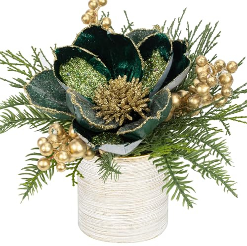 Briful Kunstpflanze Weihnachtsdeko Künstliche Pflanze Magnolie Gestecke Weihnachtsarrangement im Keramiktopf mit Tannenzweig Kugeln Berries Tannenzapfen, Dekopflanze Zimmerpflanze Tischdeko