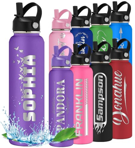 Personalisierte Wasserflasche Trinkflasche mit Symbol-Namen, für Kinder, Teenager, Junge, Mädchen, zurück zur Schule Geschenk, Reisen,Fitnessstudio, Sport, Isolierflaschen mit Flip Stroh Griff Lila 2