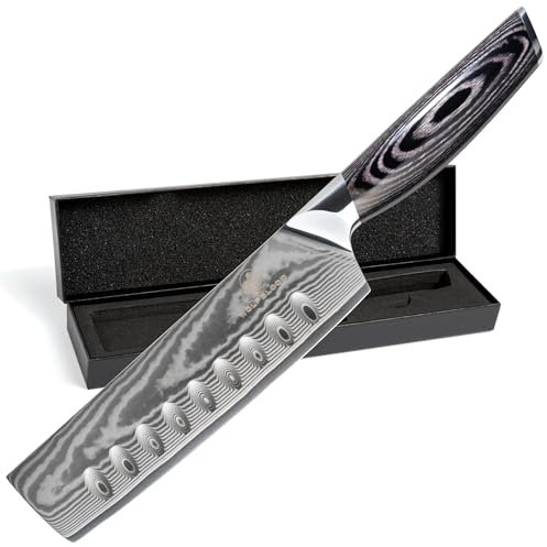 Wolfblood PRO Damastmesser Nakirimesser XL (31cm) TÜV geprüfter 62 HRC Damaststahl aus 67 Lagen I Damast-Küchenmesser Hackmesser mit Holzgriff Geschenkbox und Klingenschutz