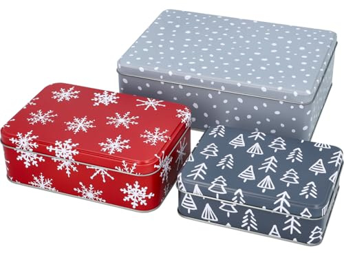 Birkmann, Gebäckdose-Set Winter, 3-tlg., eckig, Weißblech, 14 cm bis 22 cm, Zum Frischhalten und Aufbewahren von Gebäck, Ineinander verstaubar, 433847