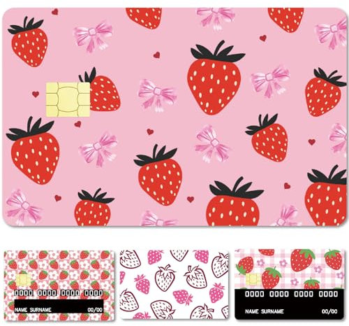 CREATCABIN 4 Stück Erdbeer Kreditkartenhülle Schmale Debitkartenhülle Erdbeeren Früchte Boho Stil Persönlicher Bankkartenaufkleber Schutz Wasserdicht Schmal Kratzfest Für Schlüsselkarten 8.6x5.4cm