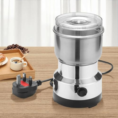 meteyw Stainless Steel Electric Coffee Bean Grinder,220V Multifunction Smash Machine for Dry Materials, Spices, Herbs, Coffee (Silver)
