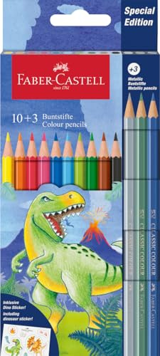 Faber-Castell 111213 - Kartonetui mit 13 Buntstiften - 10 klassische Farben + 3 Metallstifte - Dinosaurier-Edition