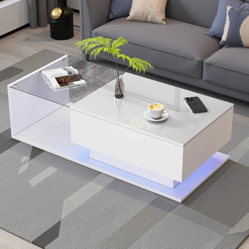 LINKHOO Table Basse Verre, Table Basse Blanc Brillant 100x50x32 cm - avec Plateau en Verre et tiroirs, Anti-Rayures, avec 1 tiroir, avec éclairage LED, Style Moderne