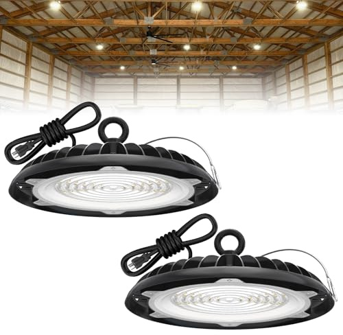 HYPERLITE High Bay LED Lights: 2-Pack 250W UFO LED Light with Plug & Play Plug - 5000K IP65 Waterproof Shatterproof Lighting Fixture