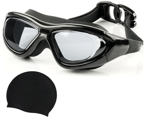 Generisch Schwimmbrille Erwachsene mit Sehstärke, optische schwimmbrille mit sehstärke -2 bis -9, Schwimmbrille für Kurzsichtige Getönt mit Kappe UV Schutz Antibeschlag für Herren Damen Schwarz