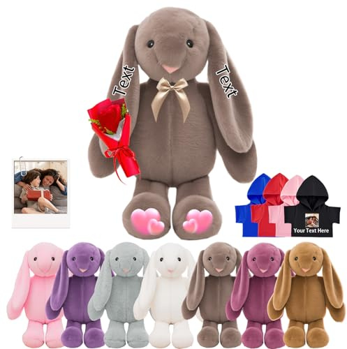 DRAJOIN Animal en Peluche Lapin Personnalisé, Custom Stuffed Rabbit Plush avec Photo Cadeau Personnalisé Lapin en Peluche pour Adulte Enfants Premier Cadeau de Pâques Cadeaux d'anniversaire, 22 cm
