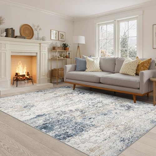 DMOYEST Teppich Wohnzimmer 160x230cm Modern Beige Blau Waschbar | Kurzflor Weich Maschinenwaschbar Rutschfest, Kinder und Haustierfreundlich für Schlafzimmer, Esszimmer und Büro