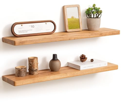 Fun Memories Rustic Elm Wood Floating Shelves, 30 Inch Wall Shelf Set of 2, Wooden Bathroom Shelves with Heavy-Duty Bracket, Storage & Display Shelf for Kitchen, Bedroom, Living Room