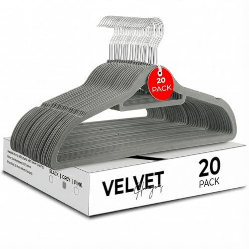 Roe Tenpo Coat Hangers, 20 Pack, Grey | Velvet Hangers for Clothes with Tie Bar & 360° Hook | Durable & Sturdy | Non-Slip, Space-Saving Design for Shirts, Jackets, Trousers & More (Soft Grey, 20)