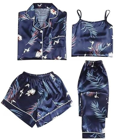 Pyjama Femme Satin de Soie Unisexe Grande Taille 4 Pièces Ensembles de Pyjama Short et Caraco Lingerie Sexy Aautomne Hiver Manche Longue Vêtements de Nuit Classique Sleepwear