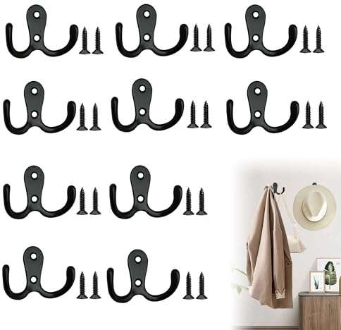 Noenaeni 10Pcs Coat Hooks Heavy Duty, Metal Double Prong Door Hooks with Screws, Wall Mounted Clothes Hook for Hanging Keys, Coats, Bags, Hats, Towels, Robes - Black Coat Hook