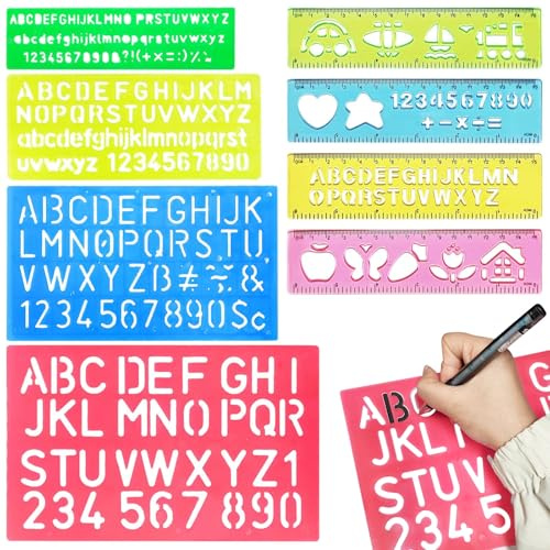 ZOCONE 8 Piezas Plantillas Letras Abecedario Plástico Plantilla Numeros Grandes y Pequeñas Dibujo Numeros y Letras Regla Escuela para Dibujar Pintar Alfabeto Graffiti
