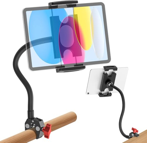 Gooseneck Tablet Holder, 19.69in Metal Crab Clamp iPad Mount for Stroller/Treadmill/Golf Cart/Boat/Mic Stand/Gym Bicycle Handlebar Clamp/Desk, Compatible with 4-13 iPad Pro/Air/Mini, iPhone, E-book