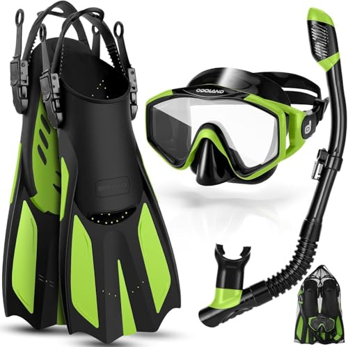 Odoland Juego de esnórquel para Adultos 3 en 1 con Gafas antivaho y Tubo seco, Aletas Ajustables, Equipo de Buceo para Nadar/Esnórquel