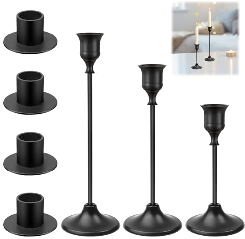 7 stycken svarta ljushållare set – stavljus stående hög, vintage taper ljusstakar, ljushållare bröllop, används av bord, fester, bröllop och helgdagar (2 stilar)