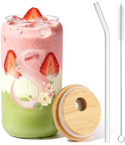 NUTKIT A-Z Letter Ice Coffee Cup, 17Oz Drinking Glasses, Initials Glass(S) | With Bamboo Lids and Glass Straw for Smoothies and Juices, Glass Travel Mug Gift for Women's Day Gift Best Friends' Day