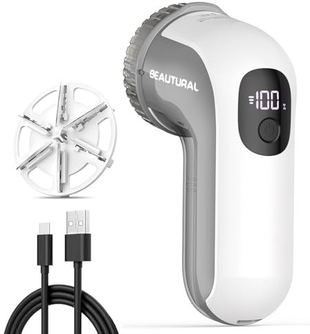 BEAUTURAL Rechargeable Lint Remover, 3-Speed Settings, Digital LED Display | 6-Leaf Stainless Steel Blade, Adjustable Height Spacer, Travel Lock, Safely Defuzz Jumpers, Sofas & Upholstery