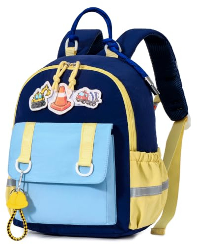 PROTAURI Sac à Dos Enfant Maternelle Garçon 3-7 Ans 11.6L pelleteuse, Bleu | sangle poitrine réfléchissant imperméable léger respirant ergonomique DIN A4 3D Patches bétonnière pelleteuse