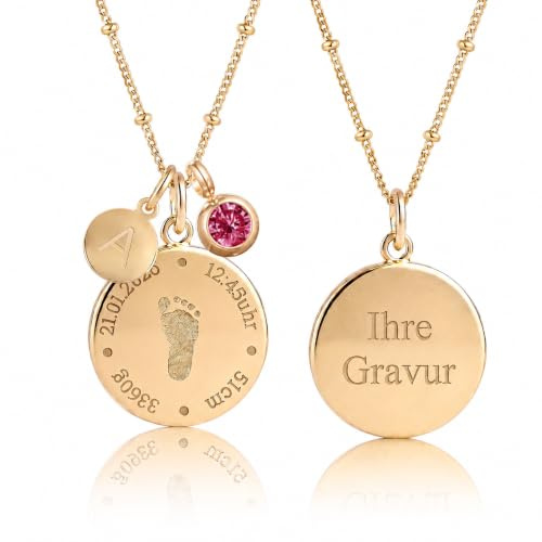 PERSONOVA Personalisierte Fußabdruck Kette mit Geburtsdaten – Gravierte Halskette mit Baby Fußabdruck, Name & Geburtsdatum – Erinnerungsschmuck für Mama, Geschenk zur Geburt, Taufe oder Muttertag
