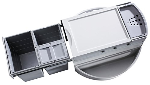 Hailo Abfallsammler Rondo 3646131 | Eckabfallsammler 3fach für 90x90 Eckunterschrank | 2x 8.5 + 18 Liter Inneneimer Kunststoff | komplett drehbar | Hellgrau