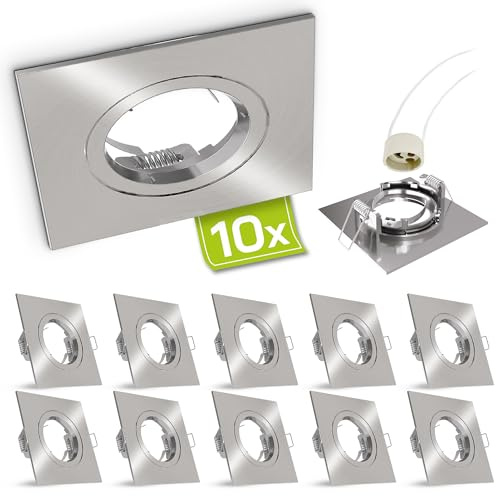linovum Einbaurahmen 10x silber eckig starr GU10 inkl. Fassung | Zehn Deckenrahmen eckig Alu gebürstet - für GU10 oder MR16, einfacher Wechsel ohne Sprengring, inkl. Fassung (ohne Lampe)