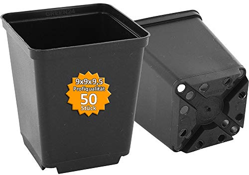 GREEN24 50 Stck. Pflanztöpfe 9x9x9,5cm Vierecktopf Profi Anzuchttopf Pflanztopf Blumentopf Vierkant-Töpfe (50, 9x9x9.5), schwarz, innen & außen geeignet