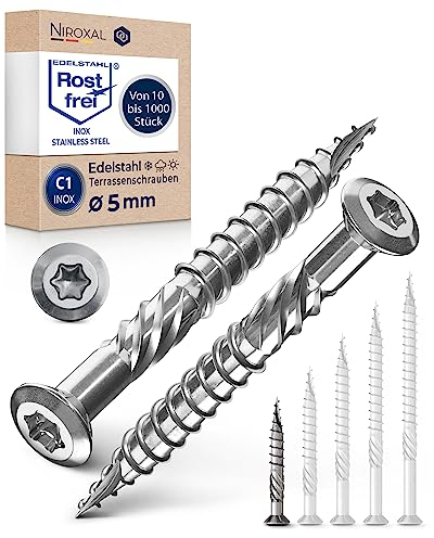 Torx Lot de 100 vis pour terrasse, 5 x 40 mm, en acier inoxydable C1, hexagonales, avec tête bombée, encoche de coupe et nervures d'épluchage pour bois, 40 mm de long