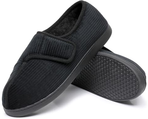 MISSRAIN Men’s Diabetic Orthopedic Slippers Memory Foam Wide Comfortable Adjustable Closed Toe House Slippers Indoor/Outdoor Sole, UK 10 BlackX