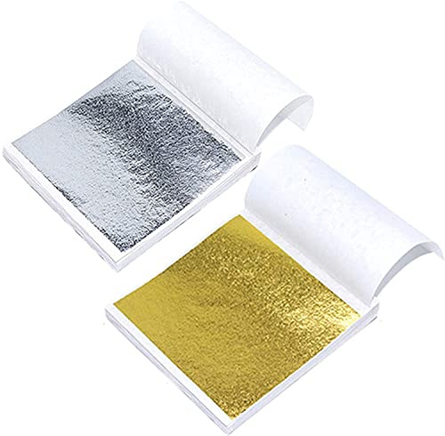 LATRAT 100 fogli di imitazione & 100 fogli di imitazione foglia d'argento, foglia d'oro foglia d'oro fiocchi di carta lamina d'oro per arte, doratura artigianato, decorazione