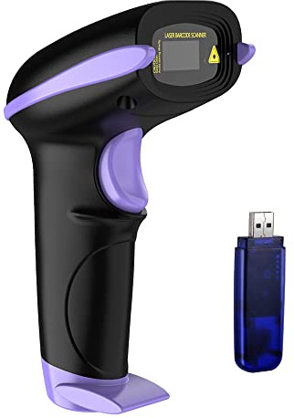 NADAMOO Wireless Barcode Scanner 328 Feet Transmission Distance USB Cordless 1D Laser Automatic Barcode Reader Handhold Bar Code Scanner with USB Receiver for Store, Supermarket, Warehouse - Violet