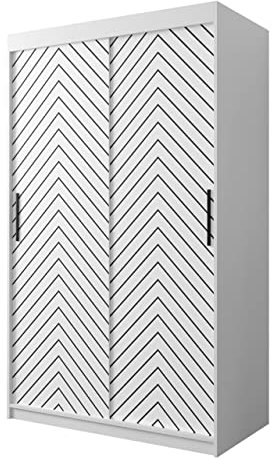 Kleiderschrank Snoter I, Schwebetürenschrank mit 2 Kleiderstangen, Fischgrätenmuster, Schiebetürenschrank für Schlafzimmer, Garderobe (Modell 120, mit Schubladen, Weiß/Weiß + Schwarz)