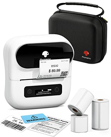 Phomemo M220 Impresora de Etiquetas Bluetooth, Dispositivo de etiquetado Autoadhesivo para códigos de Barras, hogar, Compatible con Phones and PC, Color Blanco con Bolsa de 3 Rollos, 1 Storage Box