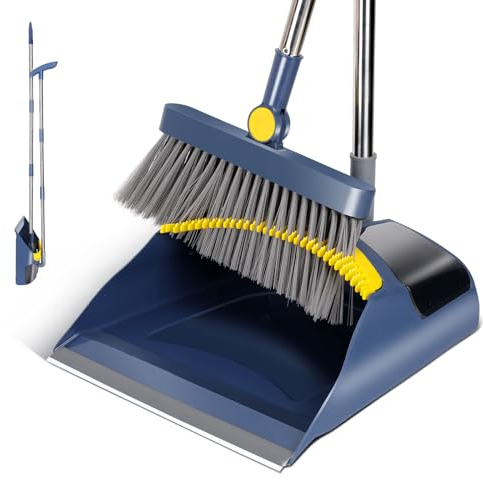 Set Scopa e Paletta, Masthome Verticale Scopa e Paletta Salvaspazio per Esterni,Manico Lungo,Con Denti a Pettine,Per La Pulizia Dei Casa,Cucina,Interni, Giardino,Blu Scuro