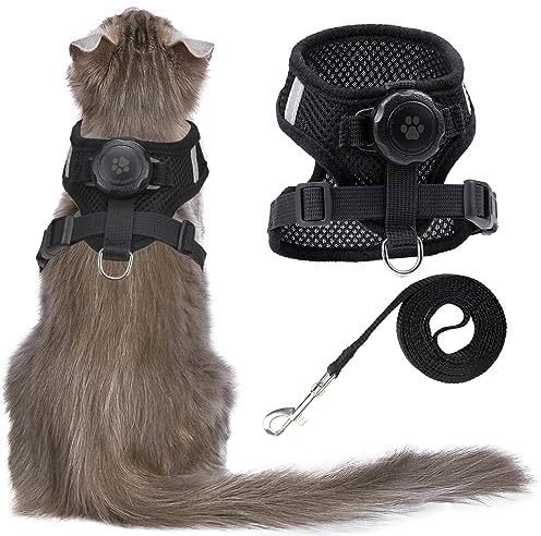 Waterproof AirTag Cat Harness & Leash, Escape Proof Vest (Black, S)