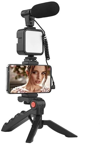 Kit de Video para Smartphone con Micrófono, Luz LED, Soporte y Trípode Compatible con iPhone, Samsung, Huawei, para Youtube, TikTok, Vlog en Vivo