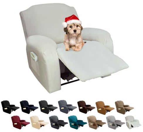 FIGOOO Housse de Fauteuil Relax 1 Place Couverture de Fauteui Extensible 4-Pièce Housse de Canapé Inclinable avec Tasche Latérale Universel Lavable,Velours#Lvoire