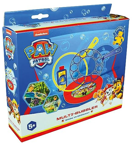 PUSTEFIX Multi-Bubbler PAW Patrol 250ml I Seifenblasen Kinder Set mit 2 Ringen für Hochzeit, Kindergeburtstag UVM. I Große Seifenblasen für Kinder