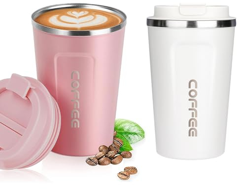 ERBO Kaffeebecher to go, Thermobecher Edelsthal, Auslaufsicher Kaffeetasse Kaffeebecher mit Deckel, Coffee to go Becher, Thermobecher für Unterwegs Umweltfreundlich, (Weiß + Rosa) 380ml